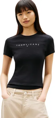 Produktbild von Tommy Jeans Damen T-Shirt Kurzarm Linear Slim Fit, Schwarz (Black 1), XXS