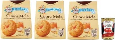 Produktbild von Mulino Bianco Cuor di Mela Biscotti con Mele 100% Italiane, Kekse mit 100% italienischen Äpfeln, cookies biscuits 3x 300 g + Italian Gourmet polpa 400g