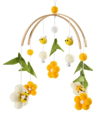 Produktbild von Baby Mobile Holz mit Wollknäuel, Blumen & Bienen, Windspiel Rassel, Kinderzimmer Hängende Bettglocke, Neugeborenen Geschenk
