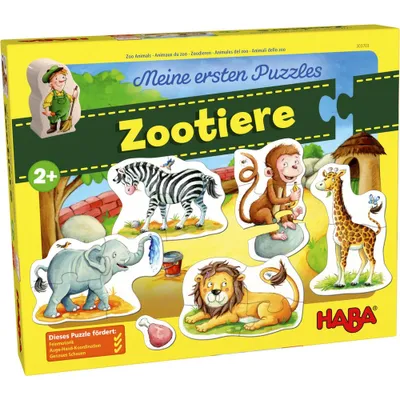 Produktbild von HABA 303703 - Meine ersten Puzzles – Zootiere |Kinderpuzzle mit 5 fröhlichen Tiermotiven ab 2 Jahren | Mit Zoowärterholzfigur zum freien Spielen