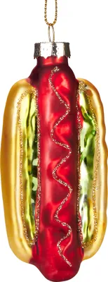 A glass ornament shaped like a hot dog with ketchup and mustard.