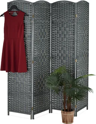 Image de Paravent Relaxdays, H x L : 170 x 160 cm, paravent pliable, paravent en 4 panneaux, bois et corde en papier, gris