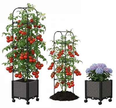 Image de Omgoods - Jardinière surélevée avec treillis et roulettes, idéale pour les plantes grimpantes