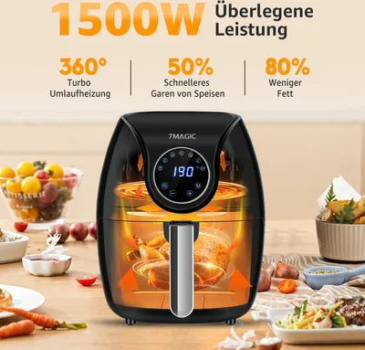 Produktbild von 7MAGIC Heißluftfritteuse 1500W, Luftfritteuse Airfryer mit 4L Antihaft-Frittierkorb, LCD Display, 60 Min timer, 80–200 °C, Heissluftfritteuse Friteuse Heissluft für Fritteuse ohne Öl, Grillen, Braten