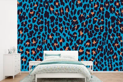 Produktbild von MuchoWow® Fototapete für Wohnzimmer oder Schlafzimmer Wandtapete Vinyl Motivtapete Leopardenmuster - Design - Blau - 420x280 cm - Zimmer für Kinder