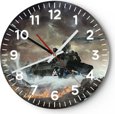 Produktbild von Wanduhr - Rund - Glasuhr - Krieg Panzer Airplain Schlacht - 30x30cm - Schleichendes Uhrwerk - Lautlos - zum Aufhängen bereit - Dekoration Modern - Wanddekoration aus Glas - C4AR30x30-2936