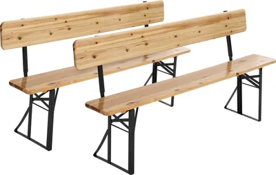 Two wooden benches with black metal legs are shown against a white background.