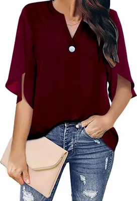 Produktbild von ASKSA Damen Bluse Chiffon Elegant Knöpfen V-Ausschnitt Hemden Casual Einfarbig Oberteile, Weinrot, XL