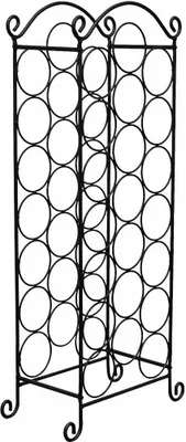 A black metal wine rack with multiple circular holders for bottles.