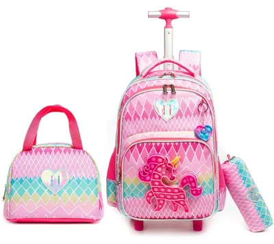 Immagine prodotto di Set zaino scuola a rotelle 3 in 1 per bambine, classe prima, con borsa per il pranzo e astuccio, motivo unicorno colorato