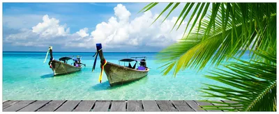 Produktbild von Wallario Wandbild aus Acryl, 200 x 80 cm, freischwebende Optik - Sonnenboot in der Karibik