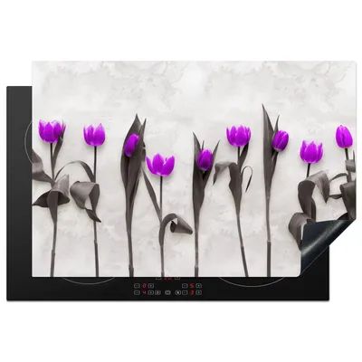 Produktbild von KitchenYeah© Herdabdeckplatte Blumen - Tulpen - Lila , 78x52cm, Küche Deko, Glaskeramikkochfeld Herdabdeckung, Abdeckplatte fùr Kochfeld