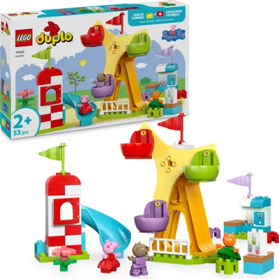 Produktbild von LEGO Riesenrad Rutsche, Jahrmarkt Set mit 3 Figuren (Mollie Mieze, Klausi Kläff), Peppa Wutz, Motorik- & Vorschulspiel ab 2 Jahren, 53 Teile, HBT 28x20x14 cm, fördert Farbsortierung, logisches Denken & Empathie, 10453