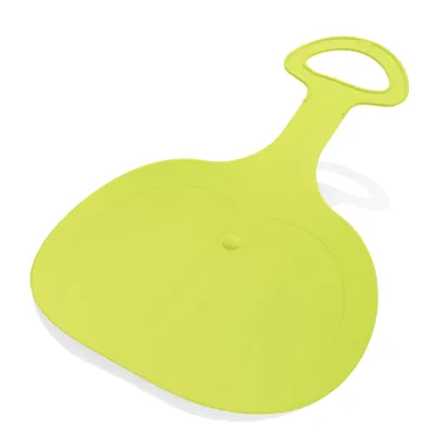 A single lime green sledding disc is shown against a white background.