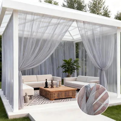 Produktbild von Vorhang Extra Breit Outdoor Voile Moskitonetz Fliegengitter Insektenschutz Stangentasche Gardine für Pavillon Terrasse Hof, B320xH213cm, Grau