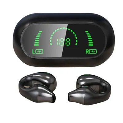 A pair of black wireless earbuds and their charging case with a digital display.