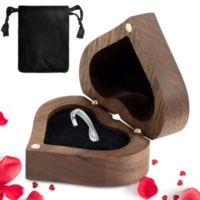 Image de TRANKIELO® - Boîte à bagues en bois, forme cœur – Noyer et velours – Coffret vintage pour mariages, fiançailles, anniversaires