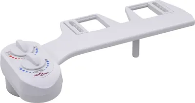 A white bidet attachment for a toilet seat is shown against a white background.