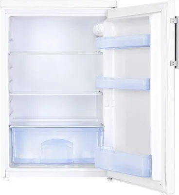 An open, empty white refrigerator with clear shelves and drawers.