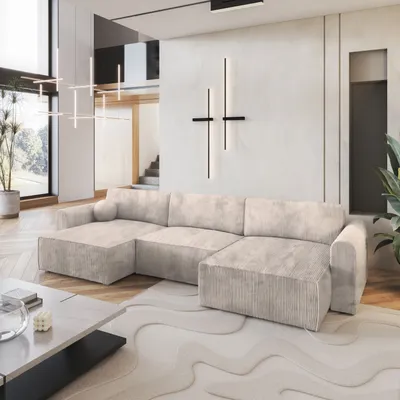 Produktbild von Masseno Ecksofa FENTO P mit Schlaffunktion U-Form, Sofa mit Bettkasten, Wohnzimmersofa, Couch, Soffa, Bettsofa, Couchgarnitur- Creme, POSO 100
