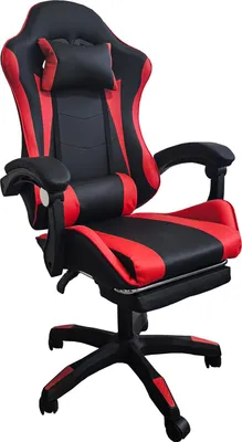 Produktbild von Gamingstuhl Krit Relax, Kunstleder Schwarz, ergonomisch mit Kopf- & Lordosenstütze, 100 kg, Kippfunktion, ausziehbare Fußstütze