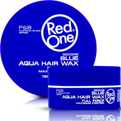 Two blue hair wax containers are shown against a white background. The larger container is in the background and the smaller one is in the foreground.