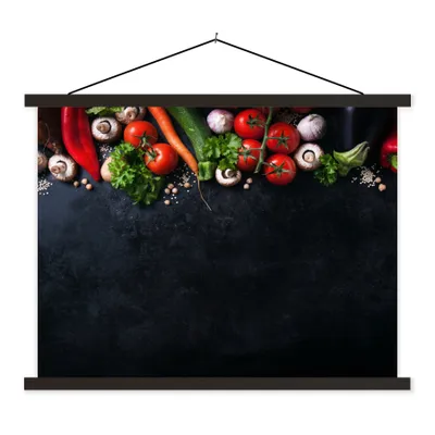 Produktbild von MuchoWow® Textilposter Gemüse - Kräuter - Gewürze - Schwarz - Rustikal - Küche 150x113 cm mit schwarzem Rahmen - Wohnzimmer
