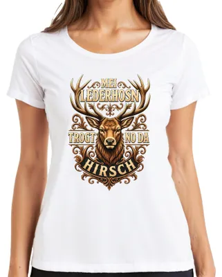 Produktbild von Mei Lederhosn trogt no da Hirsch Bayern Alpen Lederhose Dirndl Damen T-Shirt, Weiß, XL
