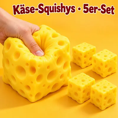 Produktbild von 5 Käse-Squishies zum Drücken und Knautschen, 1 großes und 4 kleine gelbe Quetschspielzeuge in Käseform für Zuhause