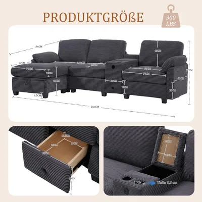 Productafbeelding van Grote corduroy sofa, comfortschuim, afneembare middenconsole, 2 bekerhouders, USB-C, opbergruimte (donkergrijs)