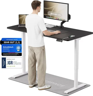Produktbild von DESKSPACE PRO Elektrisch höhenverstellbarer Schreibtisch – 160x80 cm Memory & Kollisionsschutz, Computertisch Schwarz Tischplatte / Weißes Gestell
