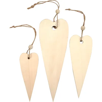 Produktbild von Creativ Company Holzdekorationen, langes Herz, H: 12+16+20 cm, Stärke 5 mm, 3 Stück 1 Box