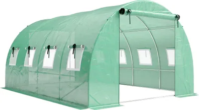 Produktbild von Gewächshaus ca. 4 x 3 x 2 m Foliengewächshaus mit Rollbar 2 Reißverschlusstür & 8 Netzfenster Stützstangen Grün