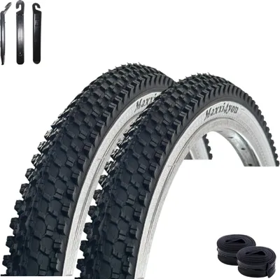 Image de 2 x maxxi4you HY-8008 Pneus vélo noir/blanc 54-507 (24 x 1,95) + 2 x chambres à air correspondantes DV y compris démonte-pneus maxxi4you