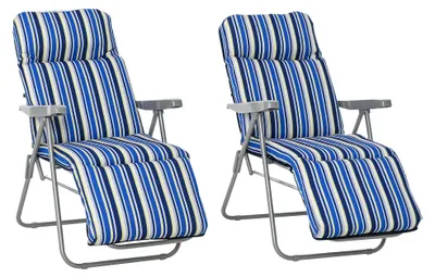 Image de Lot de 2 chaises longues pliantes avec coussins, réglables sur 5 positions, 60 x 75 x 65-102 cm, bleu, rembourrées, structure en acier, résistantes aux intempéries