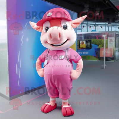 Produktbild von Rosafarbenes REDBROKOLY Schweinchen Maskottchen kostüm bekleidet mit einem Playsuit und Mützen