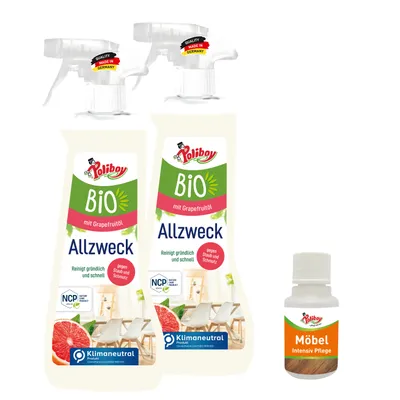 Produktbild von Poliboy 2er  Allzweckreiniger mit Möbel Probe - schnelle und effektive Reinigung für alle Oberflächen und Holzarten - Vegan - 2x500 ml - 99A1801