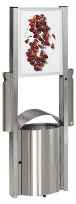 Produktbild von Robuster Kombiascher mit Schutzdach & Werbefläche für den Aussenbereich | 50 Liter, HxBxT 180x71x35cm | Edelstahl