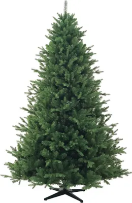 A full shot of a green artificial Christmas tree on a white background.