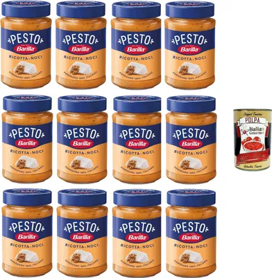 Produktbild von Barilla Pesto Ricotta e Noci – 12×190 g Vorrat, cremig mit Ricotta & Walnüssen, ohne Konservierungsstoffe – ideal für Pasta, Dips & Bruschetta + Italian Gourmet polpa