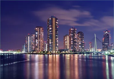 Produktbild von Wallario Fototapete Vliestapete, seidenmatte Oberfläche, einfache Verarbeitung, Größe 300 x 210 cm, Motiv Tokyo- Skyline bei Nacht