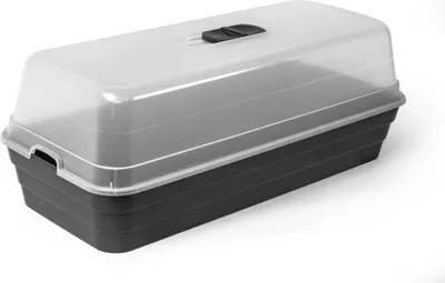 A dark gray rectangular container with a clear, domed lid and a black latch on top, set against a white background.