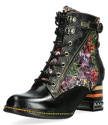 Produktbild von Laura Vita Damen Stiefelette Florale Prägung Blockabsatz Blumen Malerei REJINEO 30, Größe:38 EU, Farbe:Schwarz