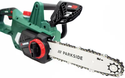 A close-up, studio shot of a cordless chainsaw against a white background.
