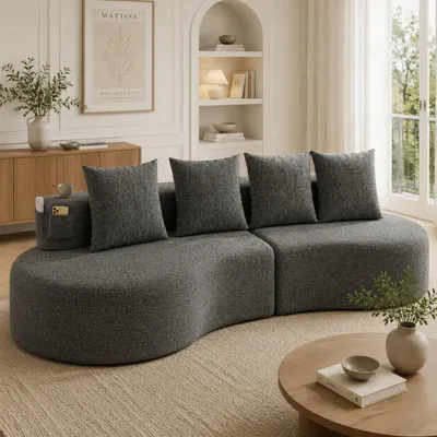 Produktbild von Leinenstoff Sofa Dunkelgrau Couch mit 4 Kissen Polstersofa Modernes Loungesofa Wohnzimmersofa mit Becherhalter Seitentaschen Federkern Kleines Sofa