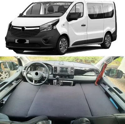 A white van is shown from the front, and the interior of the van is shown from the front with a mattress laid out.