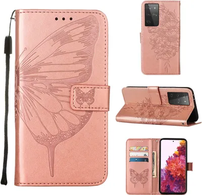 Produktbild von Galaxy S21 Ultra 5G Hülle, Schmetterling Prägung Flip Leder Kartenfächer Schutzhülle Ledertasche mit Ständer für Samsung Galaxy S21 Ultra 5G Roségold