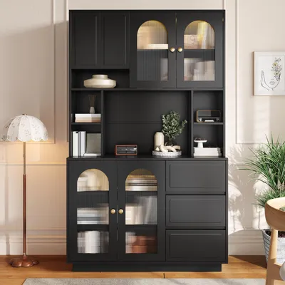 Produktbild von Flieks Küchen Hochschränke mit Bogen-Acryltüren, offenen Fächern, Küchenbuffet mit APP-gesteuerter farbverstellbarer LED-Beleuchtung,Sideboard,Schwarz