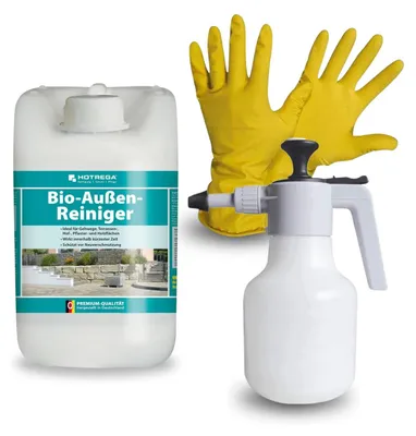 Produktbild von HOTREGA  Außen Reiniger 5L SET + NITRAS Handschuhe Gr. 10 + Druckspritze 1,5L, Terrassenreiniger, Steinreiniger
