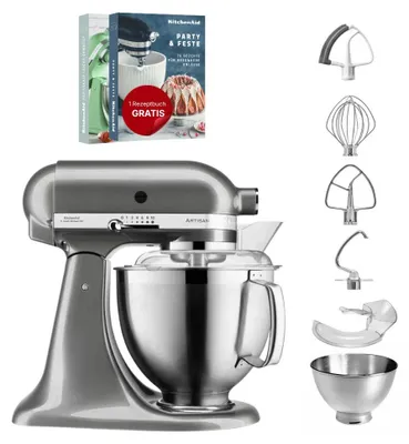 Produktbild von KitchenAid 4,8 L 5KSM185 Artisan Küchenmaschine Set 1 Artisan + Flexirührer Medaillon Silber
